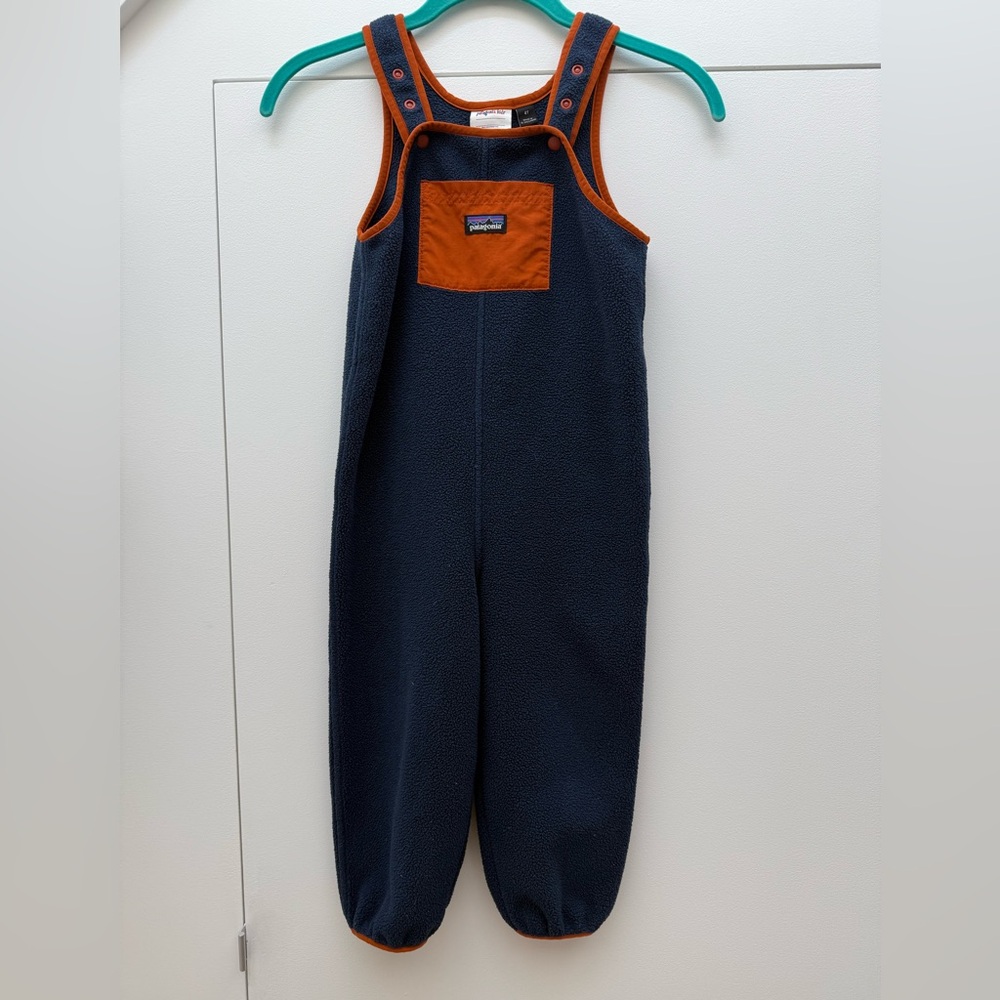 Patagonia Kids Fleece Overalls in Blue and Orange